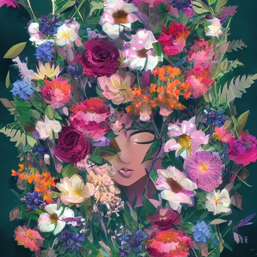 Prompt: a digital illustration of a messy group of flowers by Ross Tran and James Jean