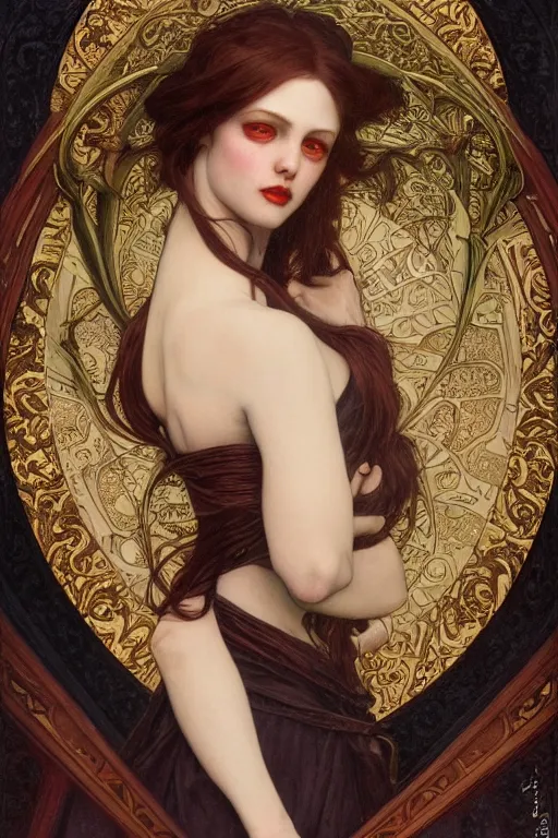 Image similar to masterpiece painting of beautiful vampire girl by donato giancola, darius zawadzki and tom bagshaw, face by artgerm and edmund leighton, alphonse mucha, background by james jean and h. r. giger, 8 k, biomechanical horror, majestic, volumetric lighting, porcelain skin, french nouveau, trending on pixiv