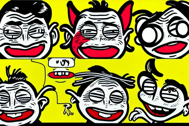 Image similar to anthropomorphic highly detailed wide - angle group portrait of grey cute mr bean goblins looking funny by roy lichtenstein, by andy warhol, ben - day dots, pop art, bladerunner, pixiv contest winner, cyberpunk style, vivid color scheme, high resolution, hd, intricate detail, fine detail, 8 k