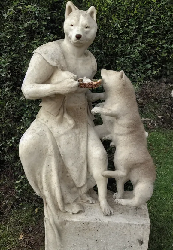 Image similar to ancient roman statue of a shiba inu feeding its young