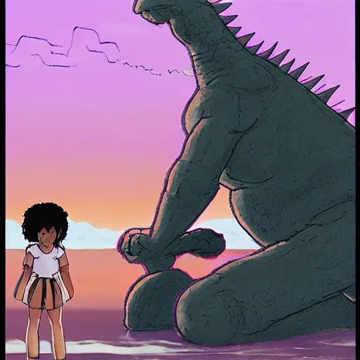 Image similar to Dark skinned girl and Godzilla, Studio Ghibli concept art