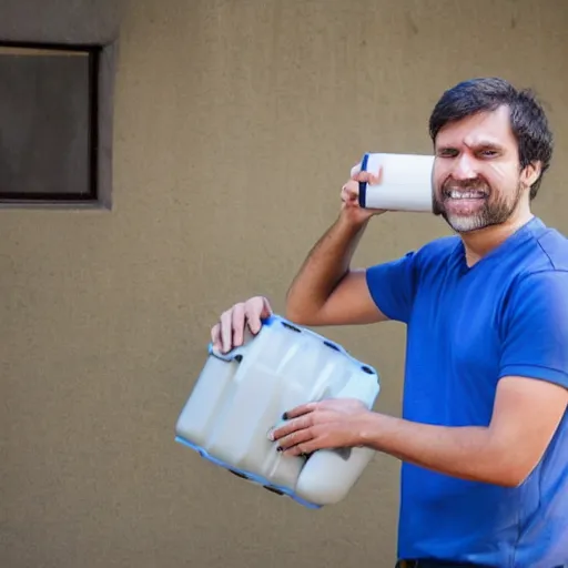 Prompt: an engineer with a water container for a head