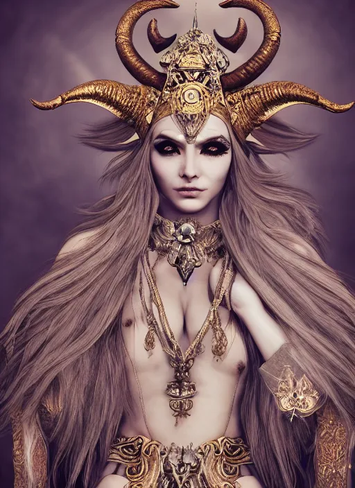 Image similar to a portrait of female priestess by candy makeup, photorealistic, intricate details, hyper realistic, fantasy, elegant, baroque, horn, ram skull headpiece, photorealistic, photography, symmetrical features, symmetrical pose, wide angle shot, feet on the ground, wearable art, unreal engine