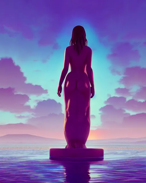 Image similar to a painting of a woman standing in the water. the woman is standing in front of a statue, a screenshot by stanley twardowicz, cgsociety, aestheticism, aesthetic, vaporwave, anime aesthetic, volumetric lighting