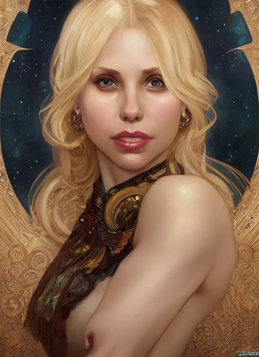 Prompt: beautiful portrait of blonde gianna michaels combined with kristenbell, by magali villeneuve and greg rutkowski and artgerm and alphonse mucha, intricate, elegant, highly detailed, photorealistic, trending on artstation, trending on cgsociety, 8 k, sharp focus