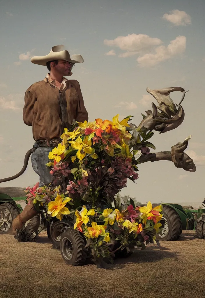 Image similar to A cowboy turning into blooms. tropical sea slugs, tractor tires. complementary colors. national geographic. 8k, rendered in octane, smooth gradients. sculpture by antonio canova