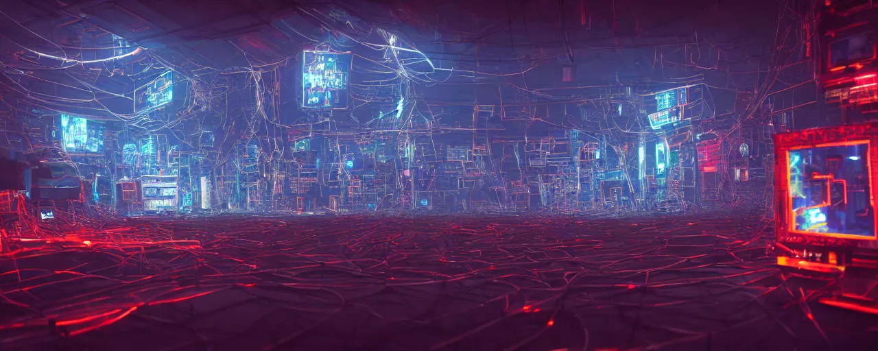 Prompt: an cybernetic temple made of tv screens, wires, glowing computer hardware, buddhist temple, octane render, unreal engine, 8 k, cinematic, artwork by ilya kuvshinov