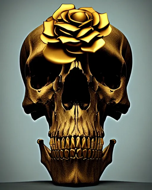 Image similar to detailed 3 d cycles render of a black dark skull skeleton with golden roses growing out of ribcage darkly elegant digital skull art by billelis and beeple