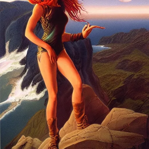 Prompt: teenage emo woman standing on a cliff, heroic, epic, matte painting by Boris Vallejo