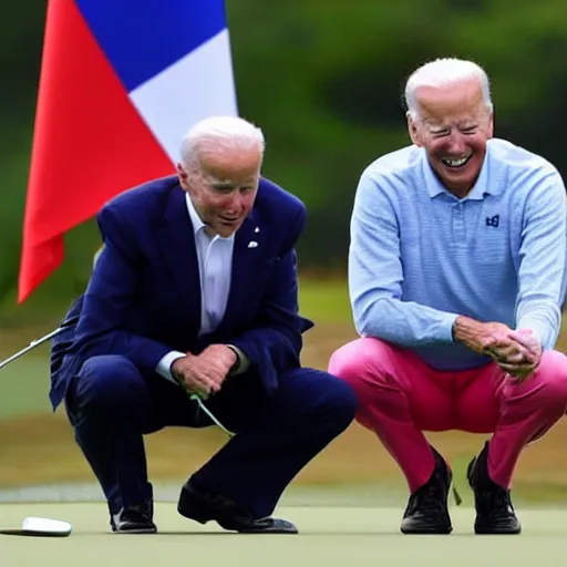 Prompt: joe biden holds the flagpin for xi jingping while he putts on a golf green. official media.