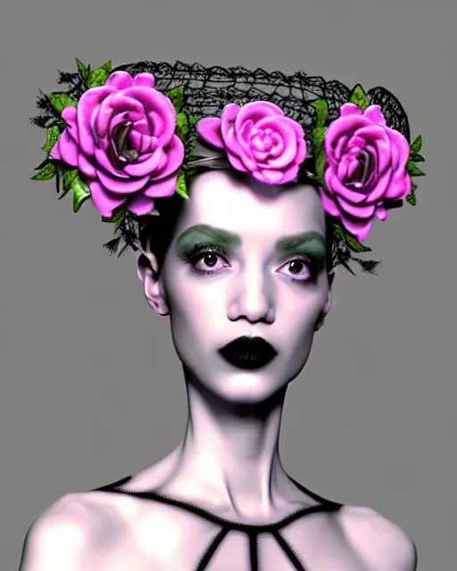 Image similar to dreamy surreal poetic pinky 3D render of a beautiful young porcelain female-creature-cyborg-vegetal with a very long neck and a super big gothic web lace collar filled with small dead flies and a very high big floral crown with many black dry roses:: smoke, high fashion, haute couture, rococo, avant-garde, elegant, dreamy, hyper realistic, 150 mm lens, soft rim light, octane render, unreal engine, volumetric lighting, dramatic light,8k,