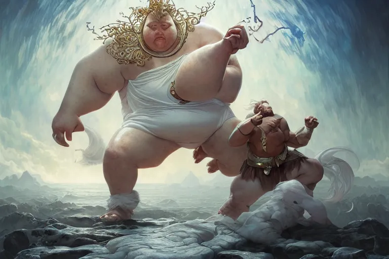 Prompt: ultrarealistic male mage fighting a gigantic white fat monster, an obese white monstrosity, fantasy painting, octane render, extreme intricate details, elegant, cinematic lighting, artstation, dnd art, cgsociety, sharp focus, beautiful digital painting by artgerm, gerald brom, wlop, alphonse mucha