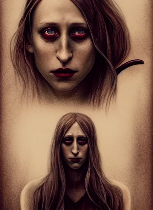 Image similar to gorgeous Taissa Farmiga full body slasher killer holding bloody knife, realistic character concept, spooky, illustration, symmetrical face and body, realistic eyes, cinematic lighting, hyperdetailed, detailed realistic symmetrical eyes, 8k, high resolution, Charlie Bowater, Tom Bagshaw, single face, insanely detailed and intricate, beautiful, elegant, dark forest and trees, vfx, postprocessing