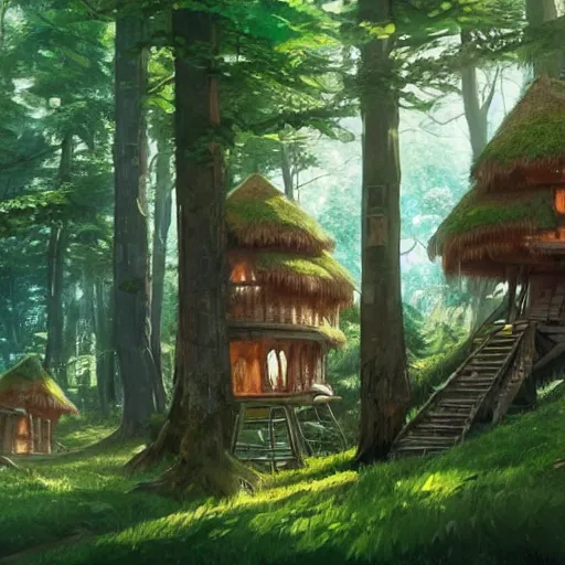 Prompt: concept art painting of treehouses made out of trees, trees with doors and windows in a deep forest, realistic, detailed, cel shaded, in the style of makoto shinkai and greg rutkowski and james gurney