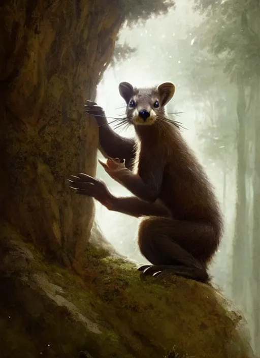 Prompt: a beautiful close - up shot from a fantasy film of a humanoid pine marten wearing a loose white tunic. joseph ducreux, greg rutkowski.