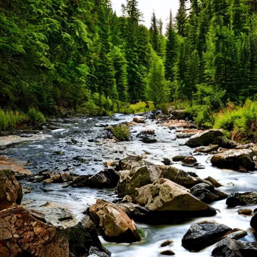 Prompt: a beautiful landscape, river, rocks, trees, lush vegetation