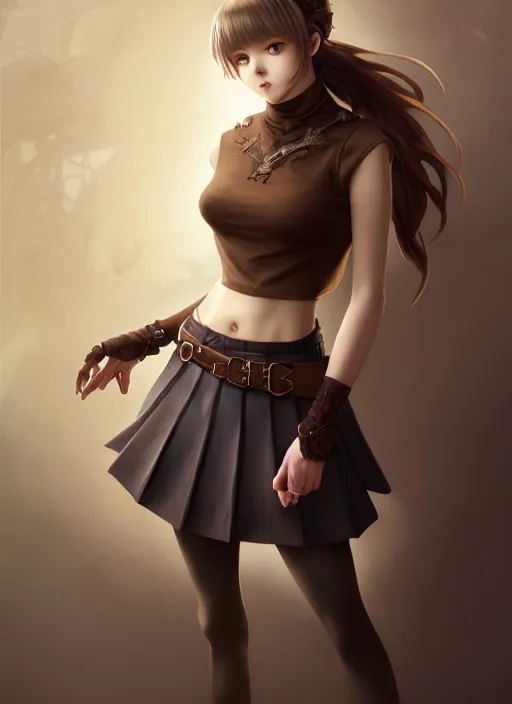 Image similar to portrait of a full body of beautiful young female detective, d & d, sleeveless turtleneck, pleated skirt, fantasy, flat lighting, intricate, highly detailed, digital painting, artstation, concept art, smooth, sharp focus, illustration, misa amane, art by simon bisley and greg rutkowski and alphonse mucha, natural tpose