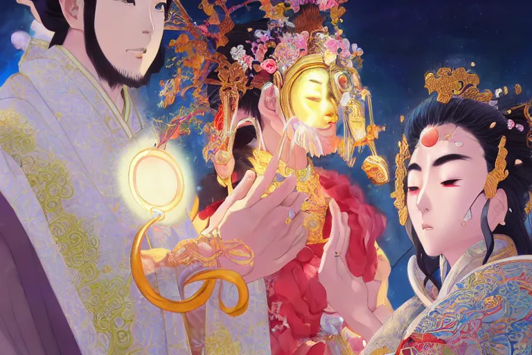 Image similar to close up moment of a divine a japan sun god and a moon goddess lovers magician at a wedding banquet, highly detailed, genshin, fantasy, 4 k realistic, digital painting, trending on artstation, concept art, sharp focus, illustration, art by makoto shinkai and akihiko yoshida and daniel gerhartz