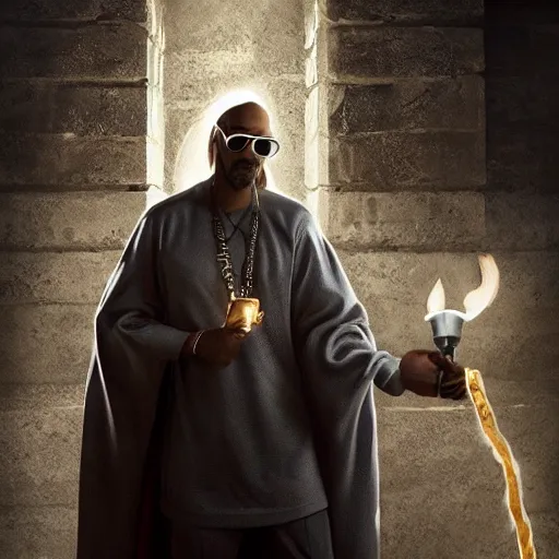 Prompt: Snoop dog wearing a cape in the ruins of the temple of old gods holding a torch in a defensive way, featured on artstation, dramatic, cinematic chiaroscuro, contrast light, digital art by Leyendecker and Norman Rockwell