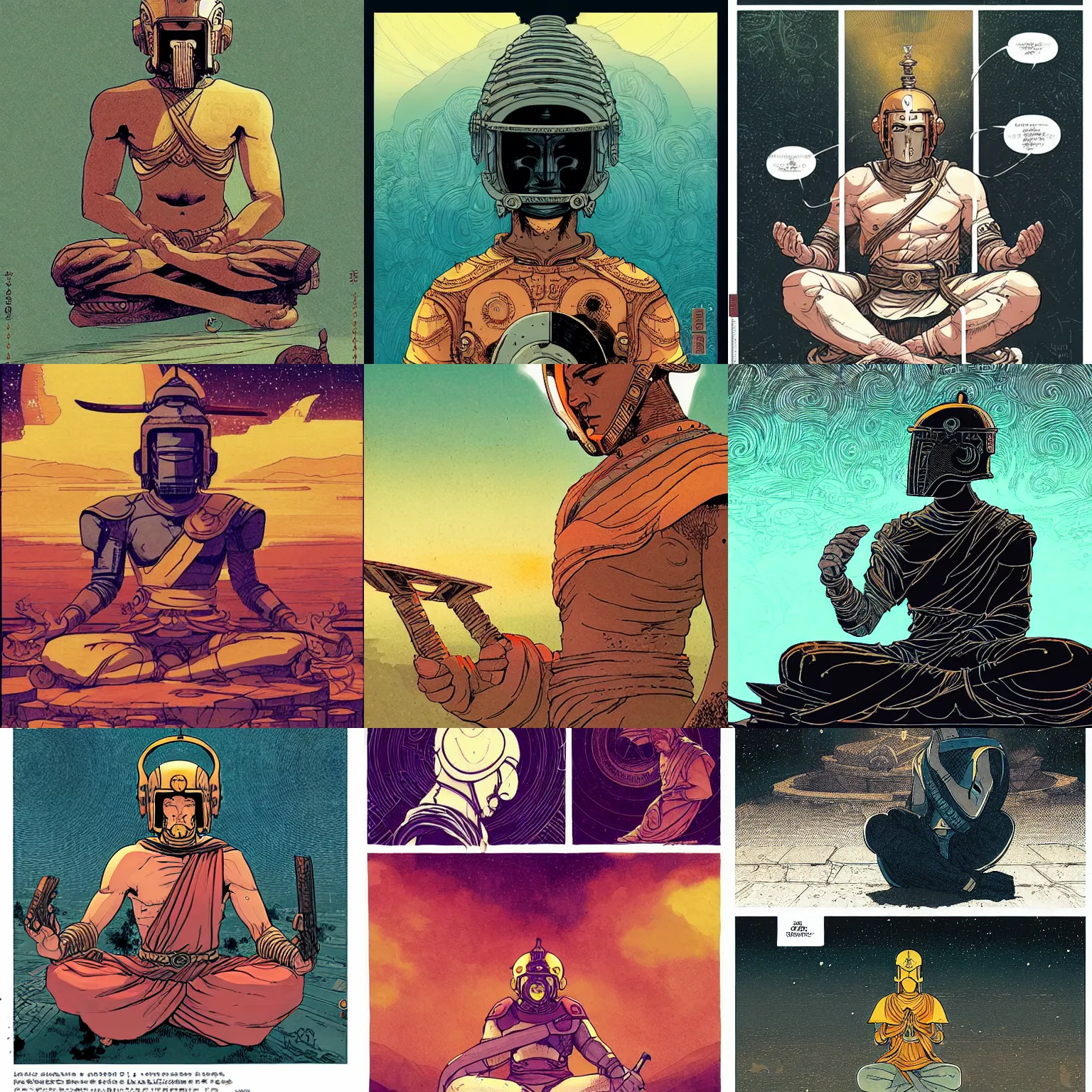 Image similar to monk with a spartan helmet meditating, by borderlands and by feng zhu and loish and laurie greasley, victo ngai, andreas rocha, john harris