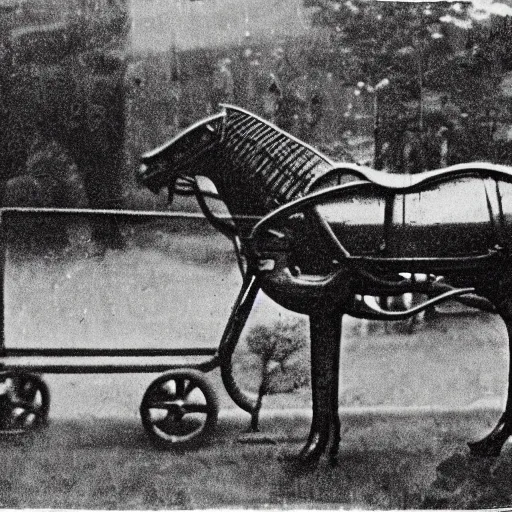 Image similar to grainy 1800s photo of a very large mechanical animal used to transport people