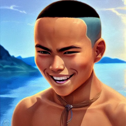 Image similar to beautiful serene intricate portrait of sokka from the water tribe as a young inuit man with blue eyes, smiling softly, relaxing on the beach, golden hour, soft focus, 8 k, art by irakli nadar, hyperrealism, hyperdetailed, ultra realistic