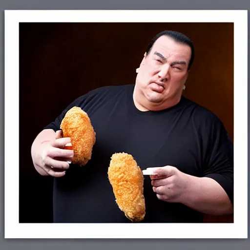 Image similar to an obese steven seagal holding a jelly donut in his left hand, and a fried chicken drumstick in his right hand, hyper realistic, studio quality, real photograph, high resolution