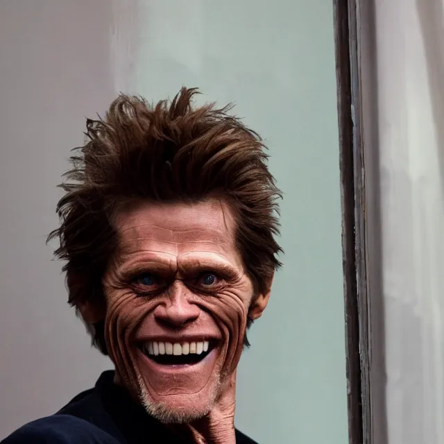 Prompt: willem dafoe staring at me through a window with a huge grin and a deranged look in his eyes