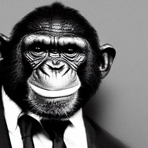 Image similar to a high detail closeup shot of a chimp wearing a suit, smoking a cigar