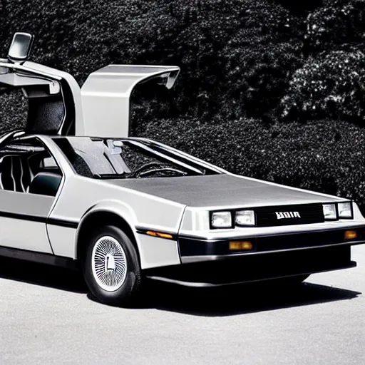 Prompt: 1985 DeLorean DMC-12 in a cinema drive-in, 1940's photography, old grain