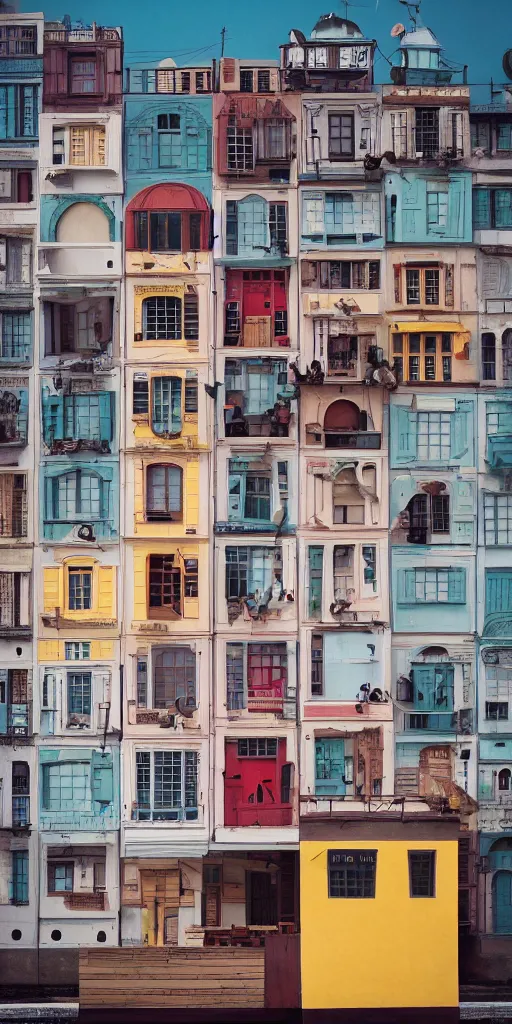 Image similar to wes anderson style beautiful floating building