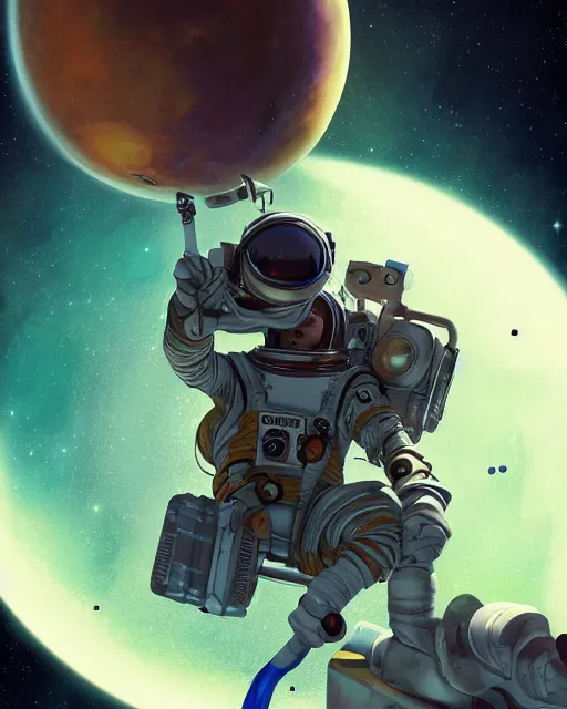 Image similar to selfie of ethereal intricate cosmonaut lie relaxed on a crescent moon between the stars and the planets in outer space, cosmonaut post grunge concept art,high detail,4k, trending on artstation by Yoshitaka Amano, josan gonzalez and tyler edlin