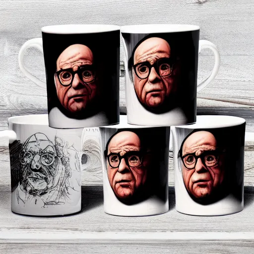 Prompt: variety pack of danny devito mugs , codex, rich colored ink, detailed, cinematic,