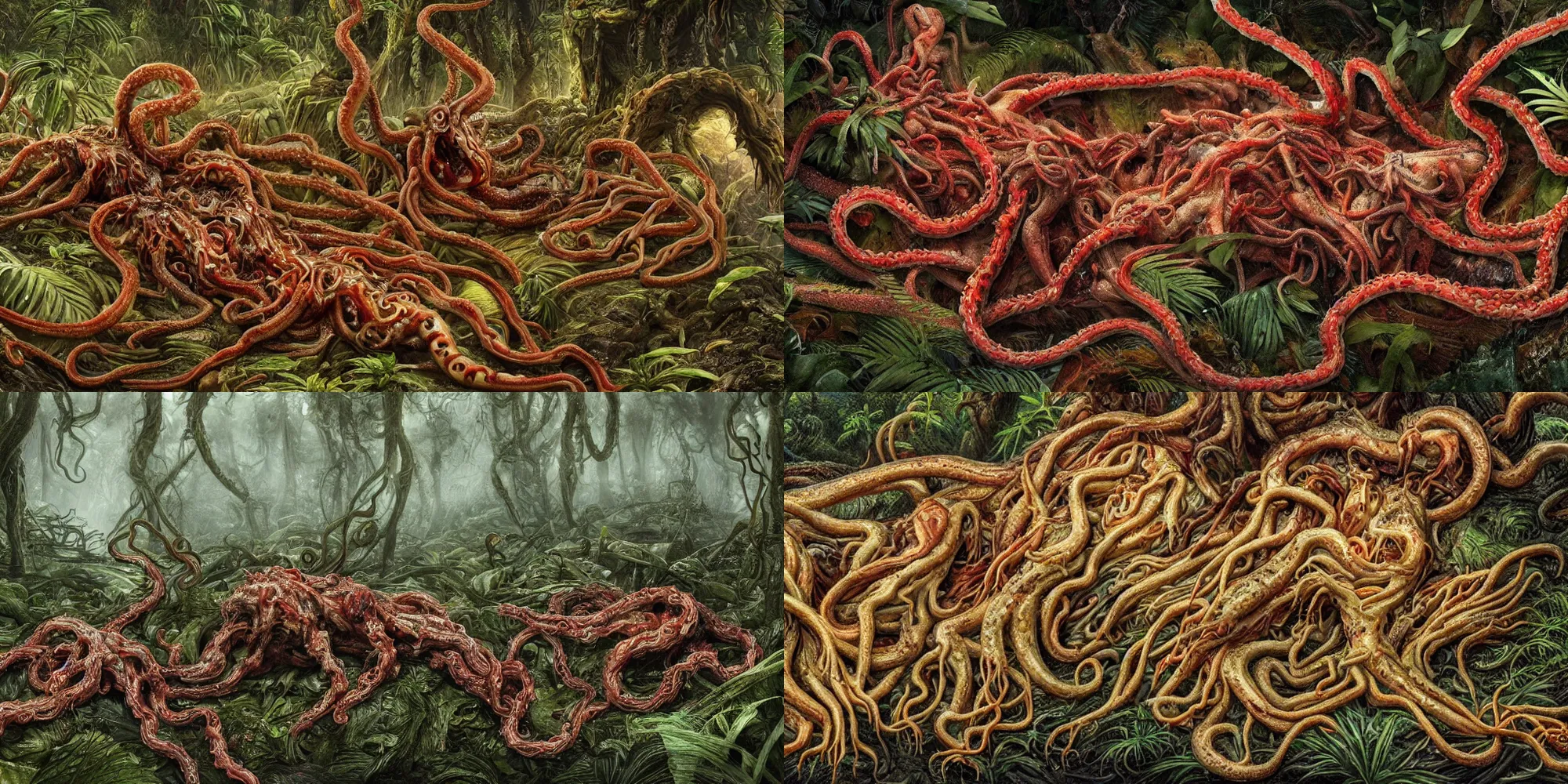 Prompt: an ultra-detailed high-quality photo of twisted animals and hostile tubifex worms melting together, forming a livid amorphous mass of blood-oozing body horror composed of random limbs, tentacles, patches of fur, eyes, teeth, and intestines falling out and slithering, in a deep lush jungle at night, hazy atmosphere