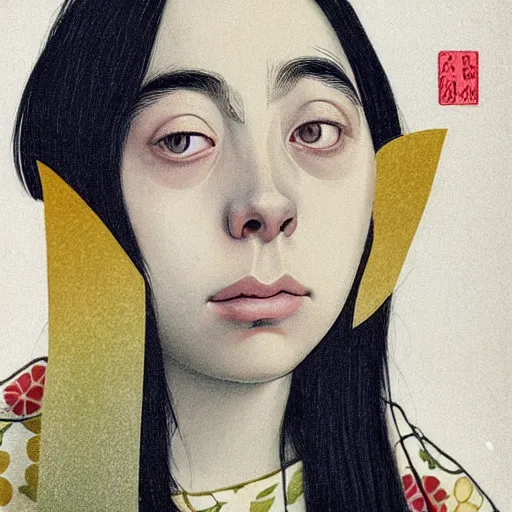 Image similar to “ billie eilish portrait by ikenaga yasunari and ayana otake and ko rakusui, 6 0 s poster, drawing, realistic, sharp focus, japanese, dreamy, nostalgia, faded, golden hues, floral clothes ”