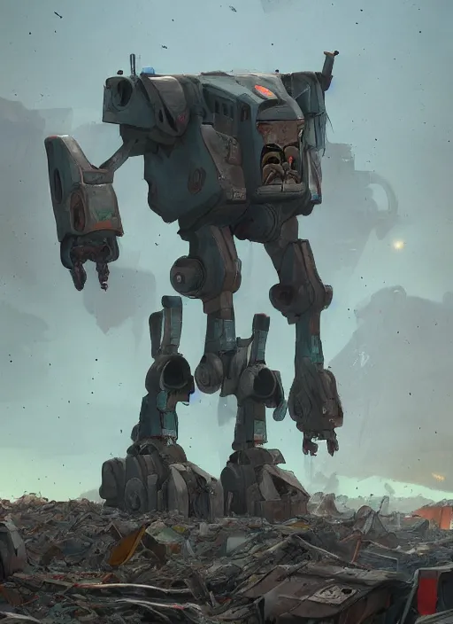 Image similar to A bipedal mech standing among the rubble of a destroyed city by Simon Stålenhag, artstation, mecha, military, science fiction, digital painting, 4k