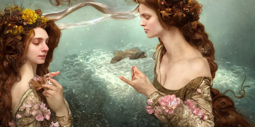 Prompt: hyperrealistic photograph of a mermaid with a light velvet dress, underwater, a stunning beautiful georgia-era dress with brown long hair, abundant detail, octopusses and flower hyperrealistic character photography art by Annie Liebowitz, art by artgerm and greg rutkowski and alphonse mucha, rembrandtArtStation, concept art, octane render, trending on artstation, artstationHD, artstationHQ, unreal engine, 4k, 8k,