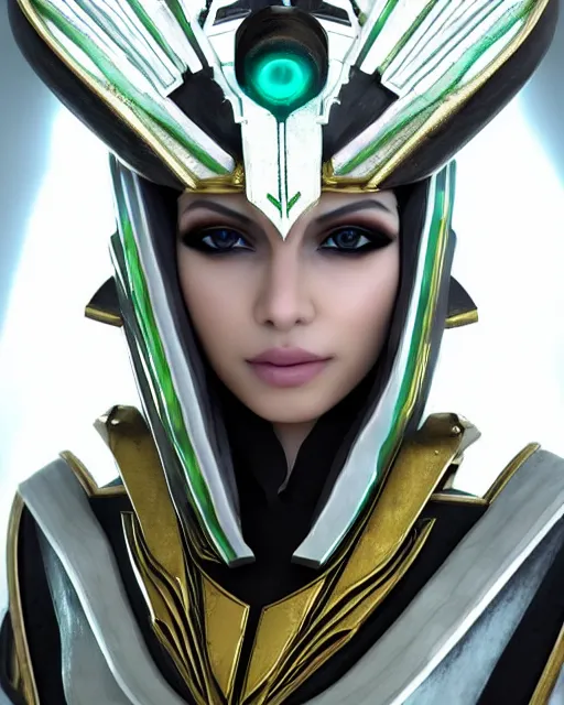 Image similar to perfect white haired attractive egyptian goddess, warframe armor, pharaoh headdress, beautiful, symmetric, dreamy, half asian, pretty face, green eyes, charlize theron, detailed, scifi platform, laboratory, experiment, 4 k, ultra realistic, epic lighting, android body, illuminated, cinematic, masterpiece, art by akihito tsukushi, voidstar