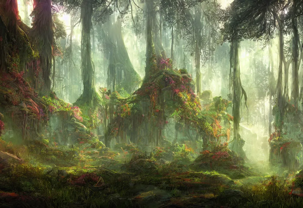 Prompt: vibrant mythical forest, overgrown ruins, tall trees, atmospheric lighting, highly detailed, colourful, concept art, slight fog, smooth sunrays