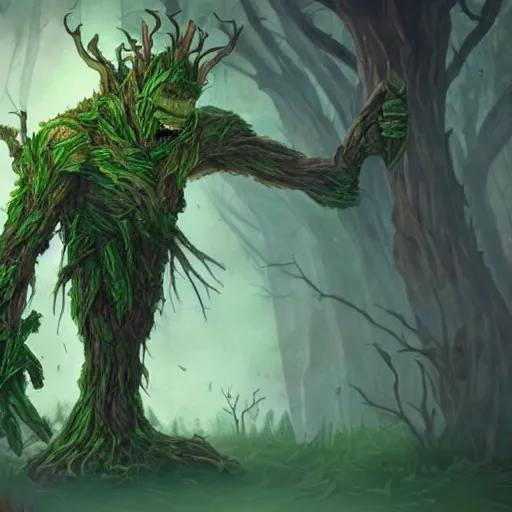 Image similar to giant green old treant creature, treant made of leaves and roots, old treant, old humanoid ents, epic fantasy style, green theme, forest background, hearthstone artwork