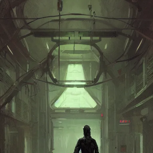 Image similar to concept art by greg rutkowski, a very tall and slender young man, dressed in green patient clothes and an open sweatshirt, wandering through a desolate futuristic hospital, dimly lit, frightening, scifi, highly detailed portrait, digital painting, artstation, concept art, smooth, sharp foccus ilustration, artstation hq