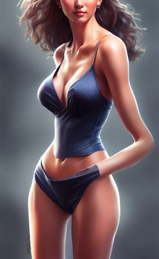 Image similar to full body photo of a gorgeous young woman in the style of stefan kostic, realistic, sharp focus, 8k high definition, insanely detailed, intricate, elegant, art by stanley lau and artgerm