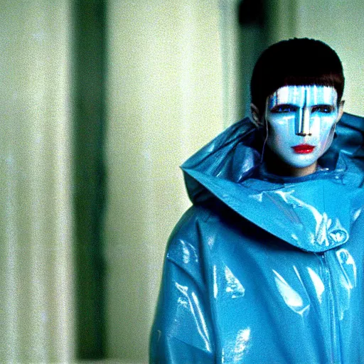 Image similar to cinematic portrait of a runaway replicant with tribal facepaint and a blue transparent plastic raincoat in an empty room, still from the movie bladerunner, fashion photography