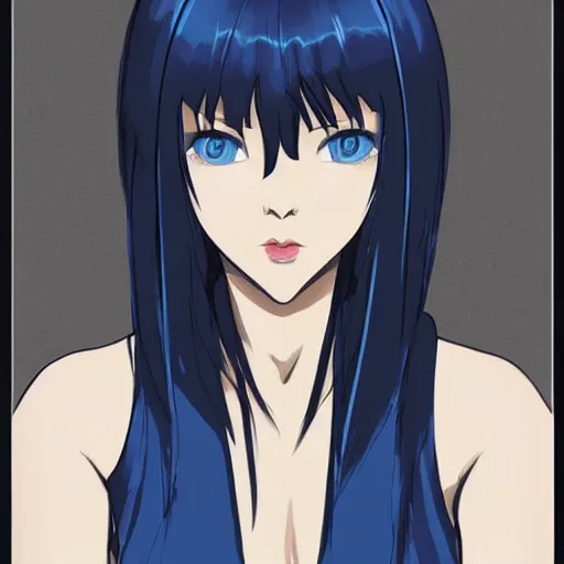 Prompt: « portrait, attractive, blue eyes, black hair, middle length hair, ghost in the shell, front view, kj, manga »