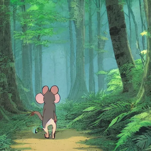 Image similar to an anthropomorphic mouse walking through a lush forest, studio ghibli, Bohemia, old world