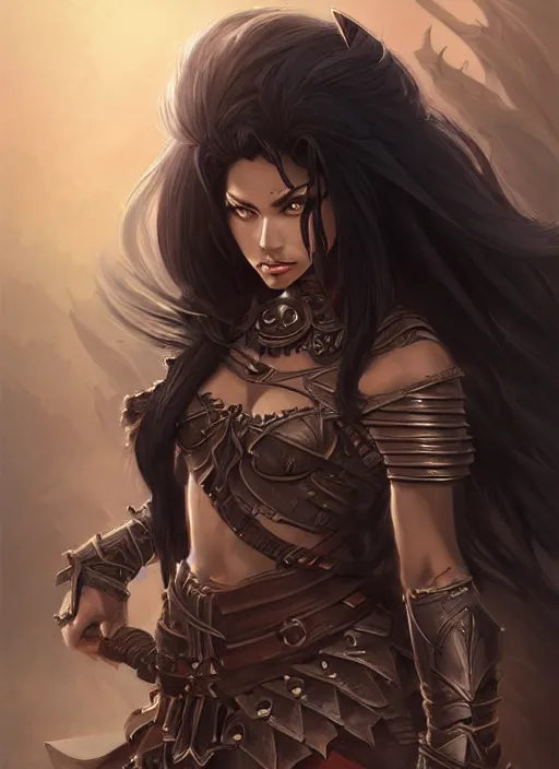 Image similar to beautiful warrior lady, black long hair, practical armor, brown skin, demonic eyes, low fantasy, extremely detailed, sharp focus, smooth, digital illustration, by rossdraws, frank franzzeta, sakimichan