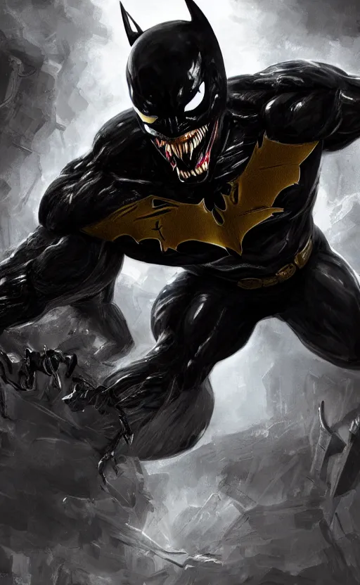 Image similar to venom as batman, dynamic lighting, photorealistic fantasy concept art, trending on art station, stunning visuals, terrifying, creative, cinematic