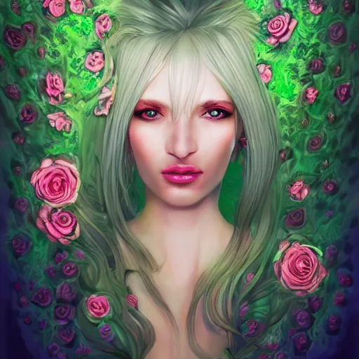 Prompt: a surreal woman portrait with the crystal clear eyes covered by roses blooming, her hair covered by emerald mystic leaves, fantasy conceptual art, trending on artstation, hyperdetailed