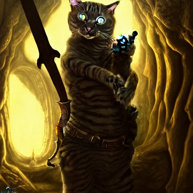 Prompt: photo of cat, holding a sword and standing in a grotto, photorealistic, dark, lovecraft, paul carrick, atmospheric lighting, painted, intricate, ultra detailed, well composed, best on artstation, cgsociety, epic, stunning, gorgeous, intricate detail, wow, masterpiece