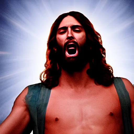 Prompt: Jesus Christ in a rock band, singing on stage, dynamic lighting, dynamic pose